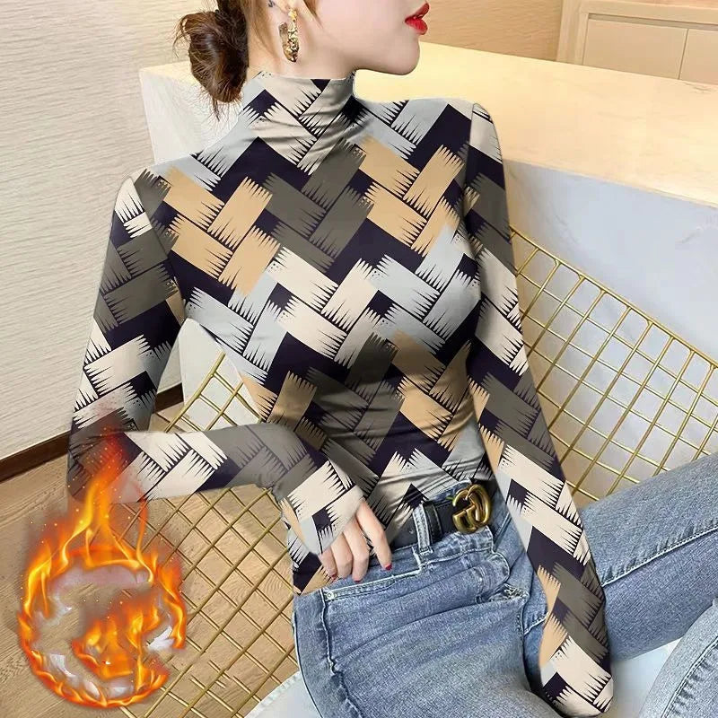 Women's Pullover Half High Neck Geometric Underlay Autumn and Winter New Vintage Printing Long Sleeve Striped T-shirt Slim Tops