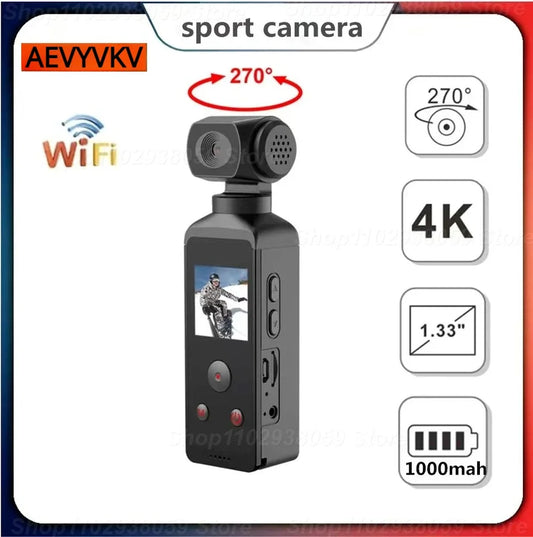 4K Ultra HD Pocket Action Camera 270° Rotatable Vlog Wifi Mini Sports Cam Waterproof Case Helmet Travel Bicycle Driver Recorder