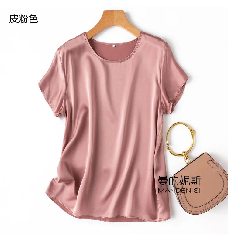 Tshirts For Women Silk Satin T-shirt Basic T-shirts Beautiful Women's Blouses Short Sleeve Summer Top One Piece Loose T Shirt