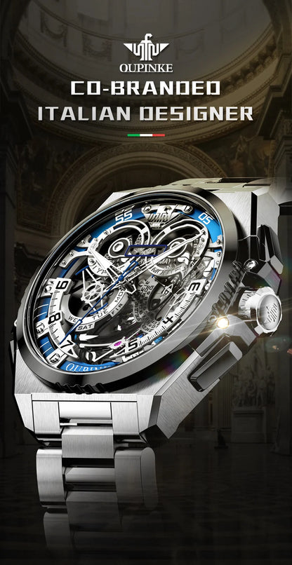 OUPINKE Mechanical Watches Mens Multifunction Tourbillon Design Skeleton Waterproof Sapphire Big Dial Steel Sapphire Luminous