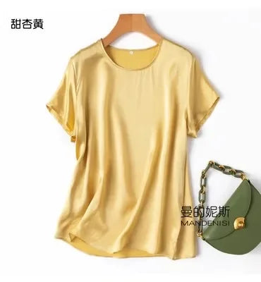 Tshirts For Women Silk Satin T-shirt Basic T-shirts Beautiful Women's Blouses Short Sleeve Summer Top One Piece Loose T Shirt