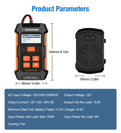 KONNWEI KW520 12V 10A 24V 5A Automatic Car Truck Battery Tester Charger Lead Acid Car Battery Pulse Repair Tool AGM Gel Lithium