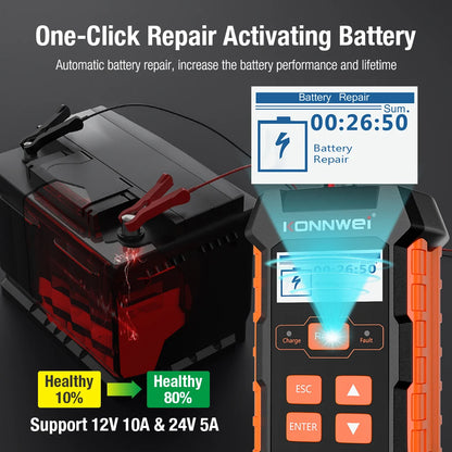 KONNWEI KW520 12V 10A 24V 5A Automatic Car Truck Battery Tester Charger Lead Acid Car Battery Pulse Repair Tool AGM Gel Lithium