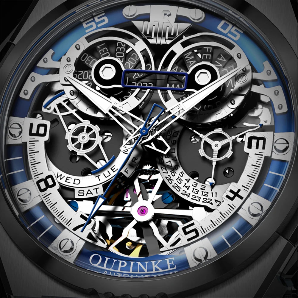 OUPINKE Mechanical Watches Mens Multifunction Tourbillon Design Skeleton Waterproof Sapphire Big Dial Steel Sapphire Luminous