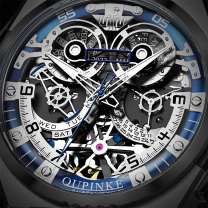 OUPINKE Mechanical Watches Mens Multifunction Tourbillon Design Skeleton Waterproof Sapphire Big Dial Steel Sapphire Luminous