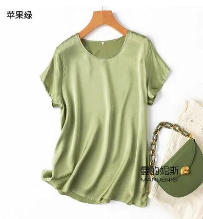 Tshirts For Women Silk Satin T-shirt Basic T-shirts Beautiful Women's Blouses Short Sleeve Summer Top One Piece Loose T Shirt