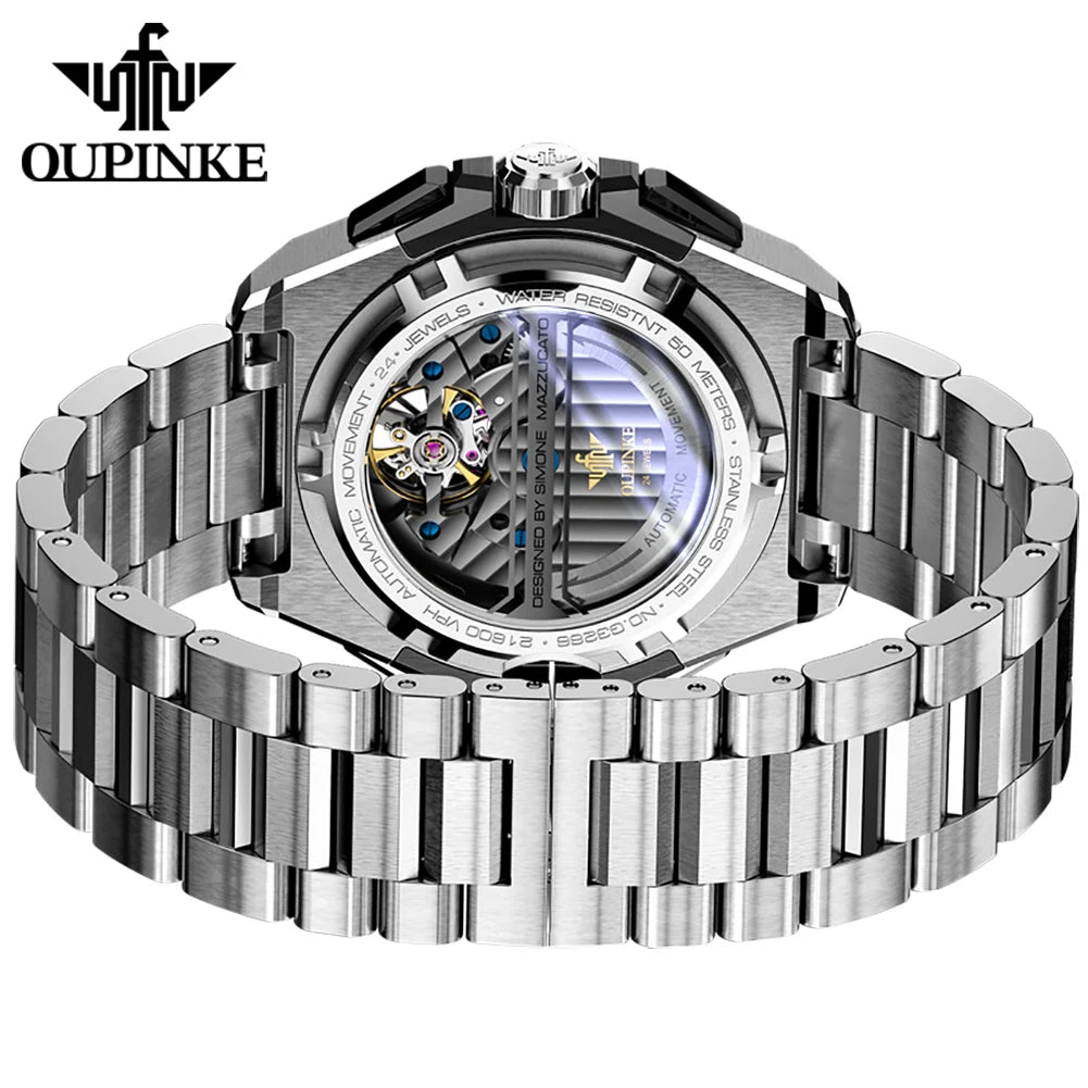 OUPINKE Mechanical Watches Mens Multifunction Tourbillon Design Skeleton Waterproof Sapphire Big Dial Steel Sapphire Luminous