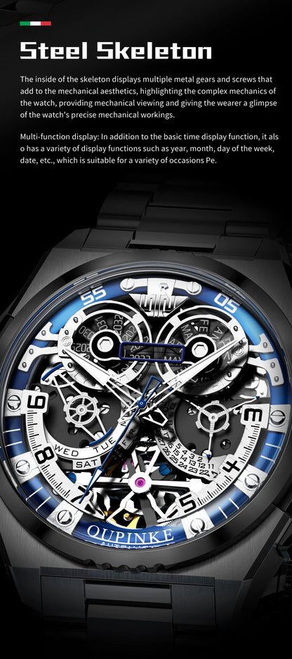 OUPINKE Mechanical Watches Mens Multifunction Tourbillon Design Skeleton Waterproof Sapphire Big Dial Steel Sapphire Luminous