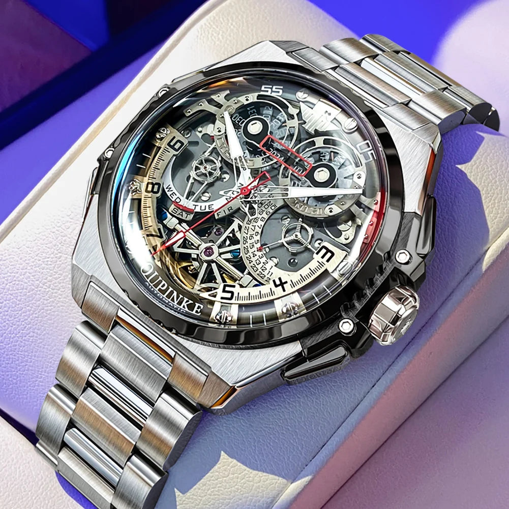 OUPINKE Mechanical Watches Mens Multifunction Tourbillon Design Skeleton Waterproof Sapphire Big Dial Steel Sapphire Luminous