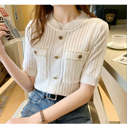 AOSSVIAO White Tshirt Women Summer 2024 Short Sleeve Top Ladies Pockets Basic T Shirts Knitted Casual Clothes Tee Shirt Femme