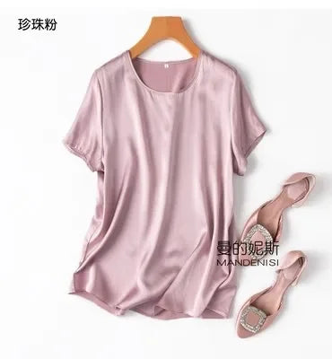 Tshirts For Women Silk Satin T-shirt Basic T-shirts Beautiful Women's Blouses Short Sleeve Summer Top One Piece Loose T Shirt