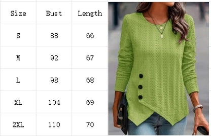 Women's Long Sleeve Round Neck Top Solid Color Button Jacquard T-Shirt Elegant Trend Autumn Top