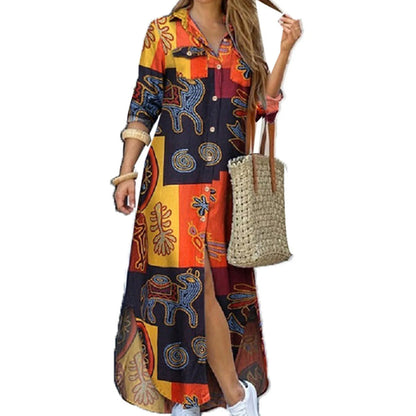 Fashion Women Long Sleeve Shirt Dress Single-breasted Printed Loose Maxi Shirt Dress for Party Long Dress Vestidos Summer Autumn