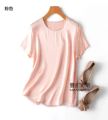 Tshirts For Women Silk Satin T-shirt Basic T-shirts Beautiful Women's Blouses Short Sleeve Summer Top One Piece Loose T Shirt