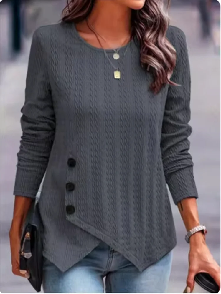 Women's Long Sleeve Round Neck Top Solid Color Button Jacquard T-Shirt Elegant Trend Autumn Top