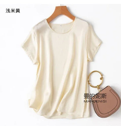 Tshirts For Women Silk Satin T-shirt Basic T-shirts Beautiful Women's Blouses Short Sleeve Summer Top One Piece Loose T Shirt