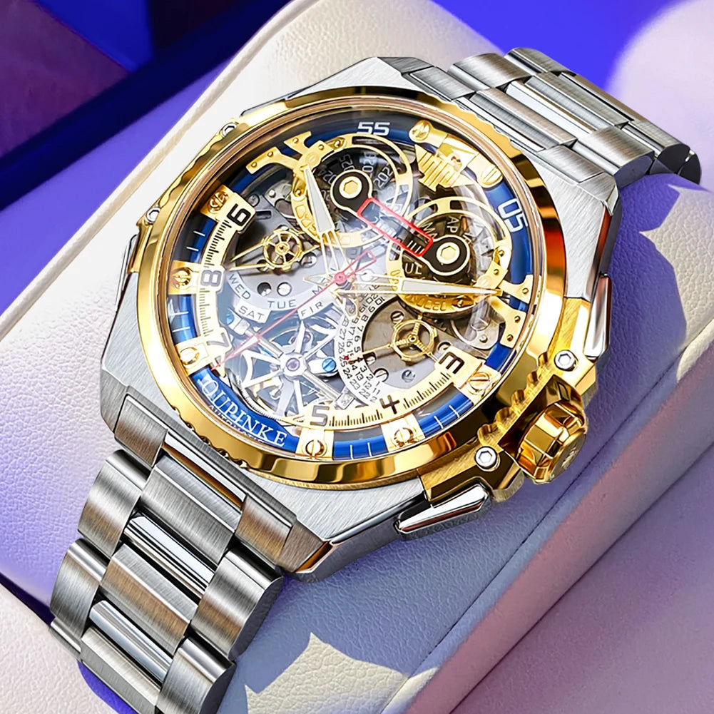 OUPINKE Mechanical Watches Mens Multifunction Tourbillon Design Skeleton Waterproof Sapphire Big Dial Steel Sapphire Luminous