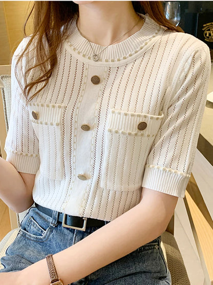 AOSSVIAO White Tshirt Women Summer 2024 Short Sleeve Top Ladies Pockets Basic T Shirts Knitted Casual Clothes Tee Shirt Femme