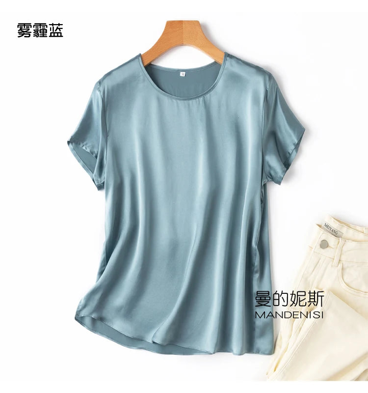 Tshirts For Women Silk Satin T-shirt Basic T-shirts Beautiful Women's Blouses Short Sleeve Summer Top One Piece Loose T Shirt