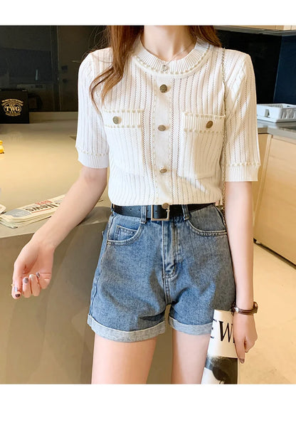 AOSSVIAO White Tshirt Women Summer 2024 Short Sleeve Top Ladies Pockets Basic T Shirts Knitted Casual Clothes Tee Shirt Femme