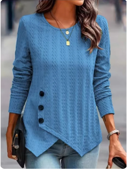 Women's Long Sleeve Round Neck Top Solid Color Button Jacquard T-Shirt Elegant Trend Autumn Top