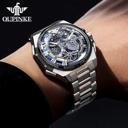 OUPINKE Mechanical Watches Mens Multifunction Tourbillon Design Skeleton Waterproof Sapphire Big Dial Steel Sapphire Luminous