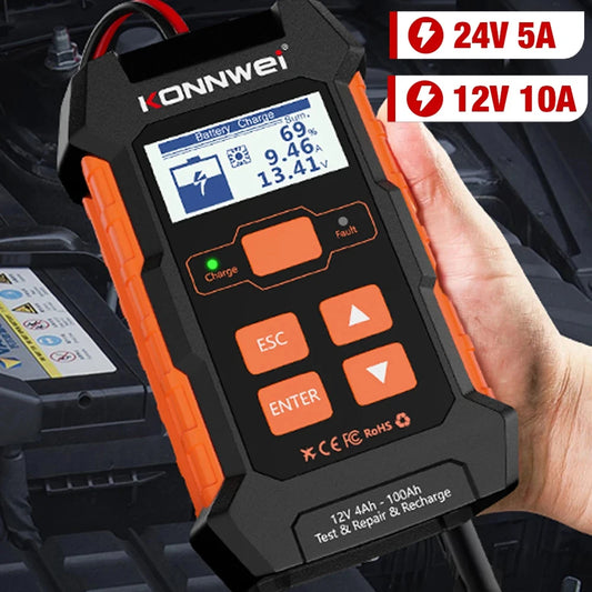 KONNWEI KW520 12V 10A 24V 5A Automatic Car Truck Battery Tester Charger Lead Acid Car Battery Pulse Repair Tool AGM Gel Lithium