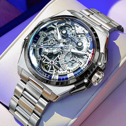 OUPINKE Mechanical Watches Mens Multifunction Tourbillon Design Skeleton Waterproof Sapphire Big Dial Steel Sapphire Luminous