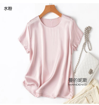 Tshirts For Women Silk Satin T-shirt Basic T-shirts Beautiful Women's Blouses Short Sleeve Summer Top One Piece Loose T Shirt