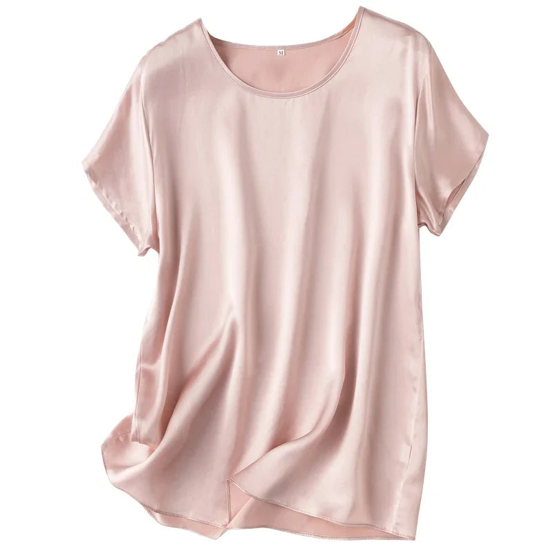 Tshirts For Women Silk Satin T-shirt Basic T-shirts Beautiful Women's Blouses Short Sleeve Summer Top One Piece Loose T Shirt