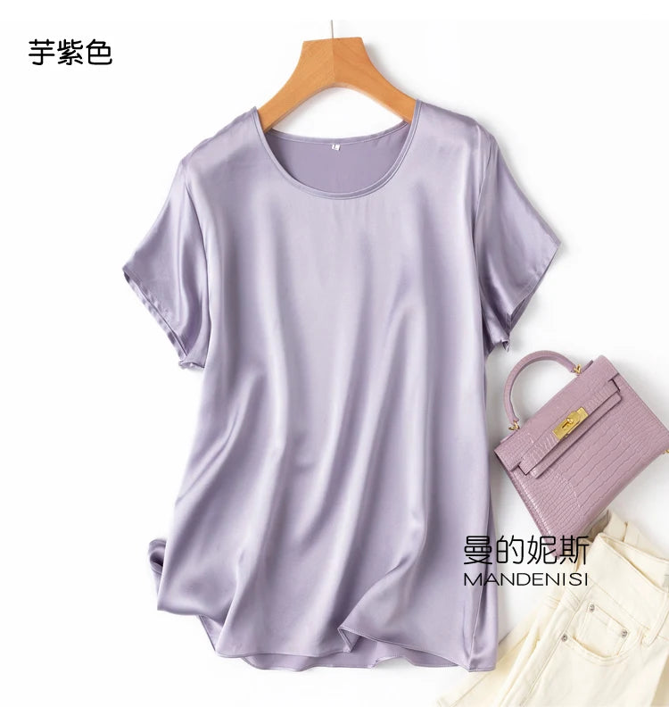 Tshirts For Women Silk Satin T-shirt Basic T-shirts Beautiful Women's Blouses Short Sleeve Summer Top One Piece Loose T Shirt