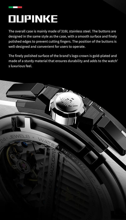 OUPINKE Mechanical Watches Mens Multifunction Tourbillon Design Skeleton Waterproof Sapphire Big Dial Steel Sapphire Luminous