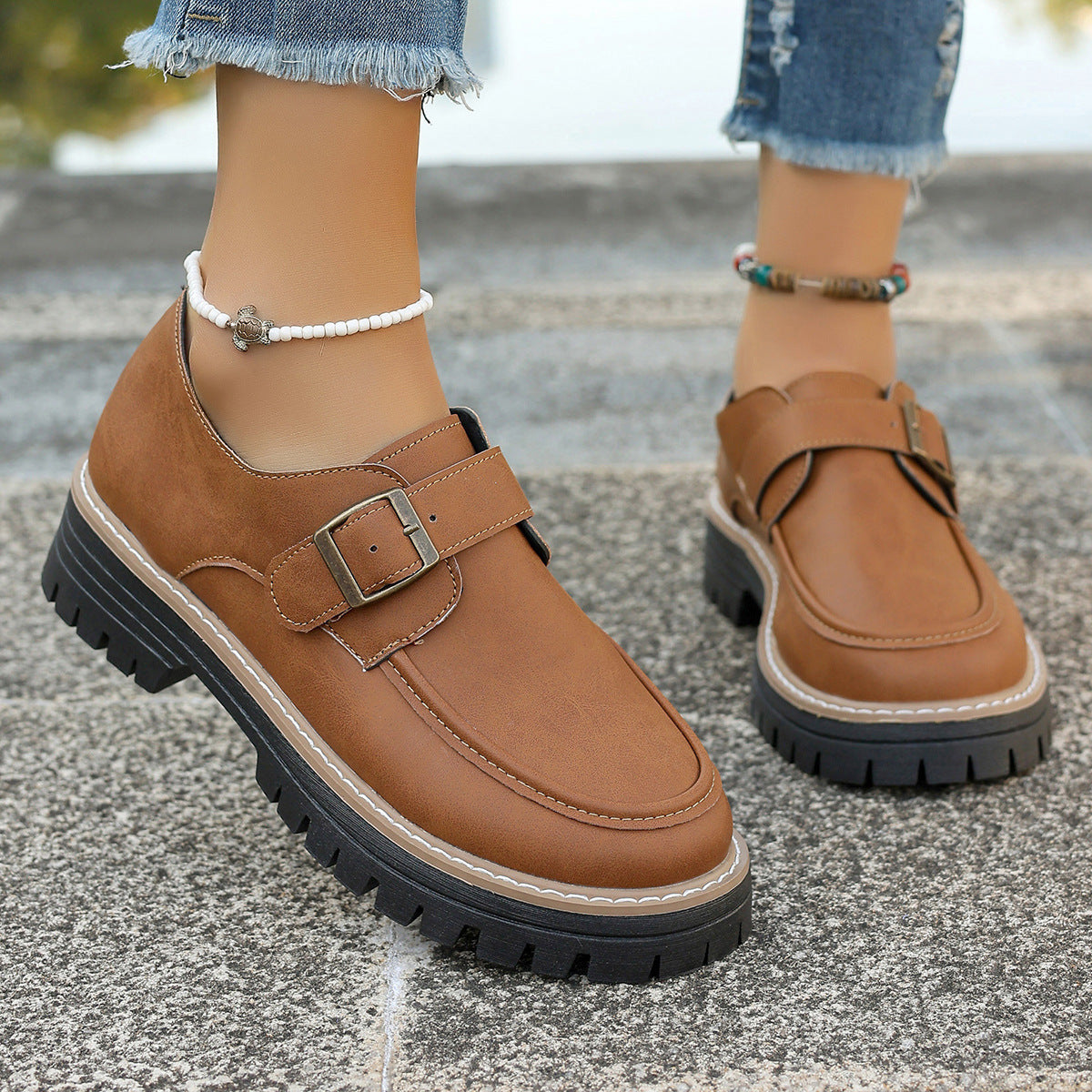 Fashion Buckle Loafers For Women British Style Height-increasing Thick-soled Casual Shoes - DOGNORGAL