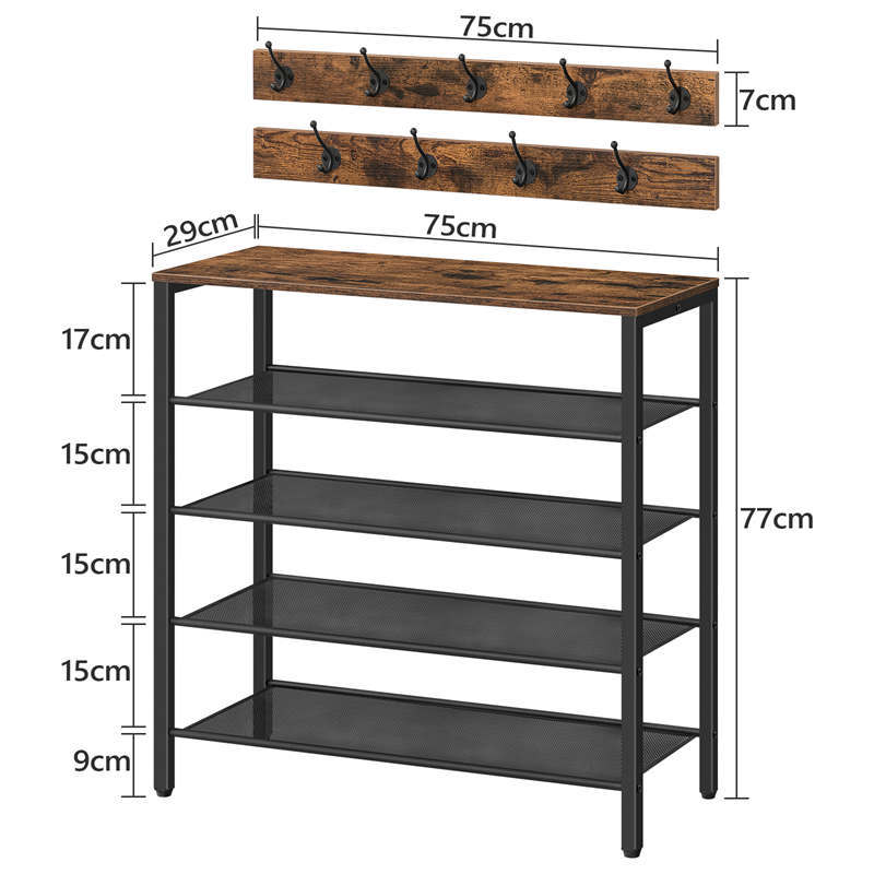 4-tier Shoe Rack With Grid Rack Wooden Rustic Foyer Shoe Rack With Coat Hook, Suitable For The Steel Frame Of The Living Room Mud Room At The Front Door Of The Corridor - DOGNORGAL