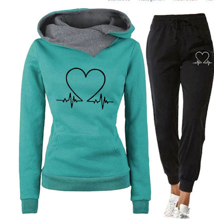 Love Heart Printed Sports Suit Hooded Sweatshirt Top And Drawstring Pants Fashion Casual Clothing For Women - DOGNORGAL