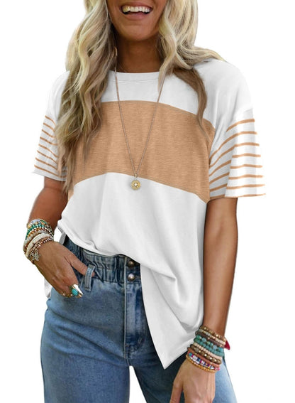 Pullover Crew Neck Casual Striped Contrast Color Short Sleeve T-shirt