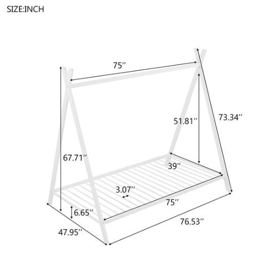 House Bed Tent Bed Frame Double Size Metal Floor Play House Bed With Slats For Kids Boys Girls Without Spring Mattress White - DOGNORGAL