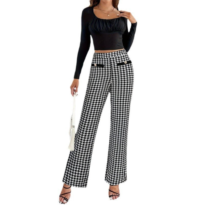 Faux Pocket Fastener Decoration Straight Wide Leg Pants Trousers - DOGNORGAL