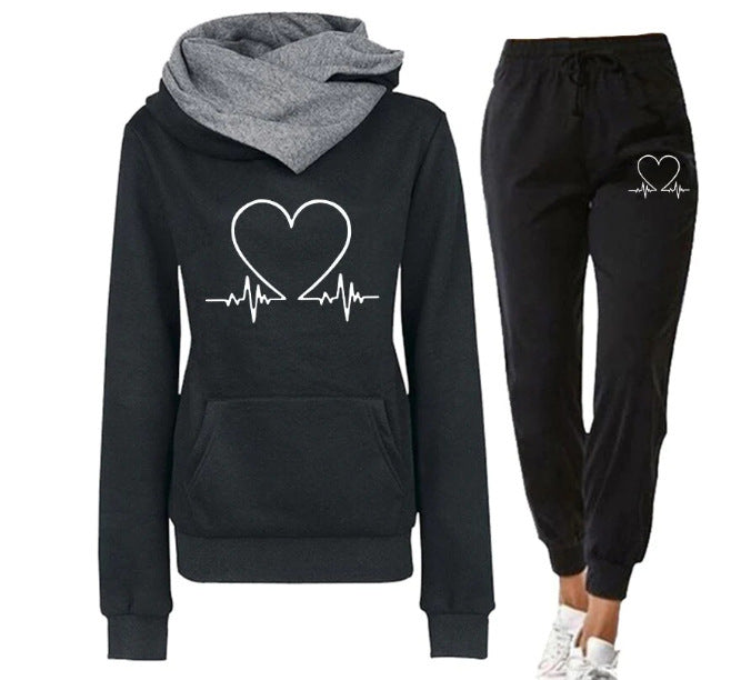 Love Heart Printed Sports Suit Hooded Sweatshirt Top And Drawstring Pants Fashion Casual Clothing For Women - DOGNORGAL