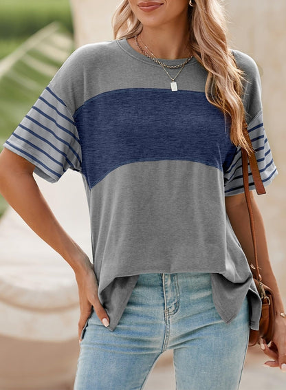 Pullover Crew Neck Casual Striped Contrast Color Short Sleeve T-shirt