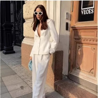 V-neck Suit Coat Straight Wide Leg Pants Two-piece Set - DOGNORGAL