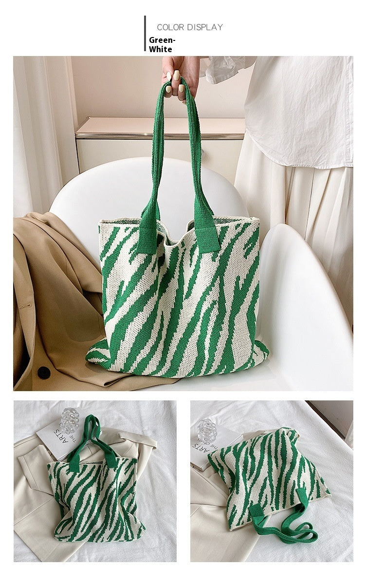 Tote New Large Capacity Single Shoulder Zebra Pattern Knitted Bag Women - DOGNORGAL