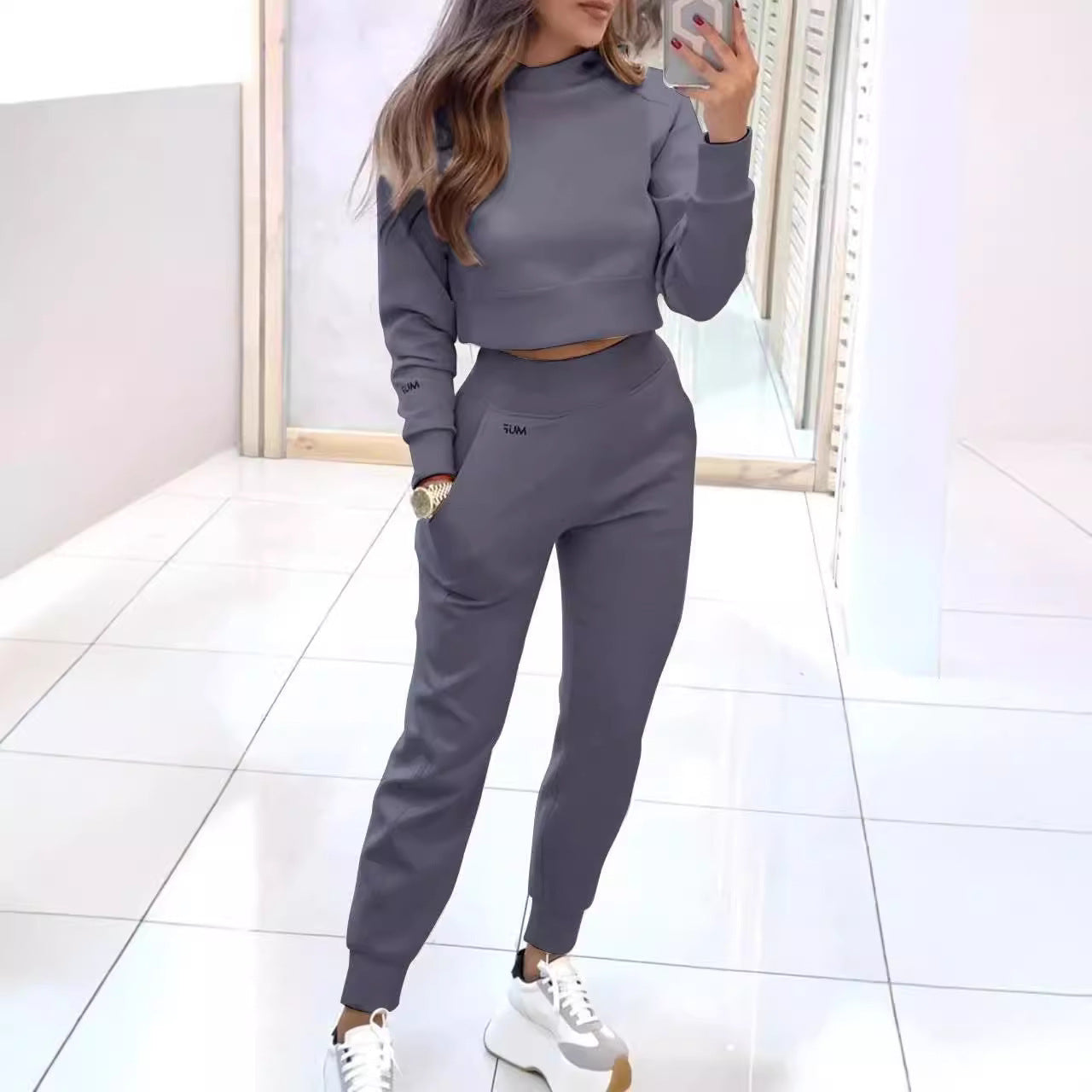 Stand Collar Sports Suit Fashion Pullover Long-sleeves Short Top And Slim Trousers With Pockets Solid Outfits Women's Clothing - DOGNORGAL