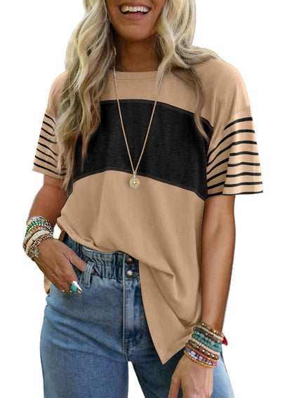 Pullover Crew Neck Casual Striped Contrast Color Short Sleeve T-shirt