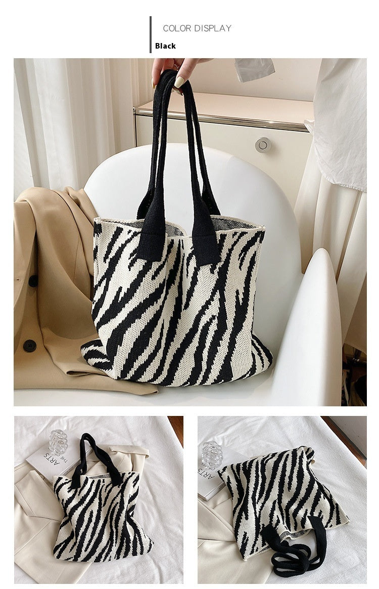 Tote New Large Capacity Single Shoulder Zebra Pattern Knitted Bag Women - DOGNORGAL