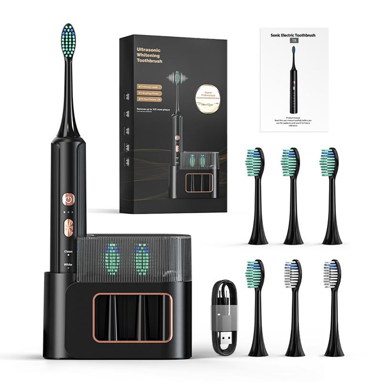 Aquasonic Black Series Ultra Whitening Toothbrush    ADA  Approved Electric Toothbrush   8 Brush Heads And Travel Case, 40,000 VPM Electric Motor And Wireless Charging, 4 Modes With Smart Timer - DOGNORGAL