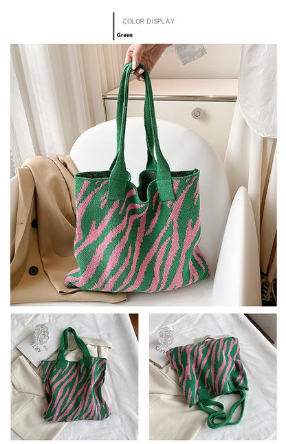 Tote New Large Capacity Single Shoulder Zebra Pattern Knitted Bag Women - DOGNORGAL