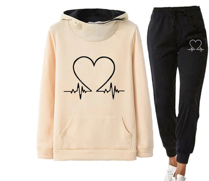 Love Heart Printed Sports Suit Hooded Sweatshirt Top And Drawstring Pants Fashion Casual Clothing For Women - DOGNORGAL